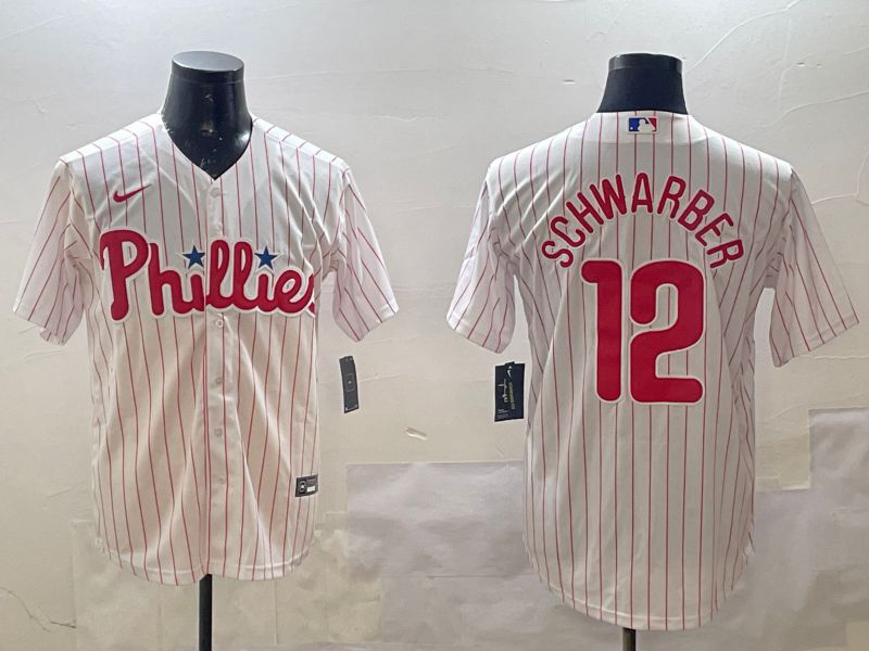 Men Philadelphia Phillies #12 Schwarber White stripe Game 2025 Nike MLB Jersey style 1